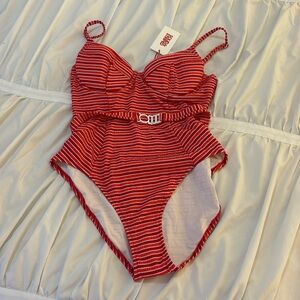 Solid & Striped One-Piece Swimsuit M Spencer Bustier Belted Retro Seersucker Ber